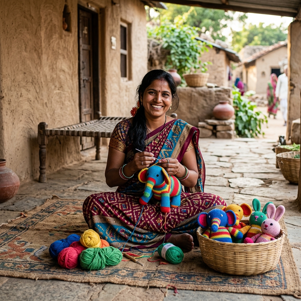 An artisan hand-crocheting a toy elephant on her porch
