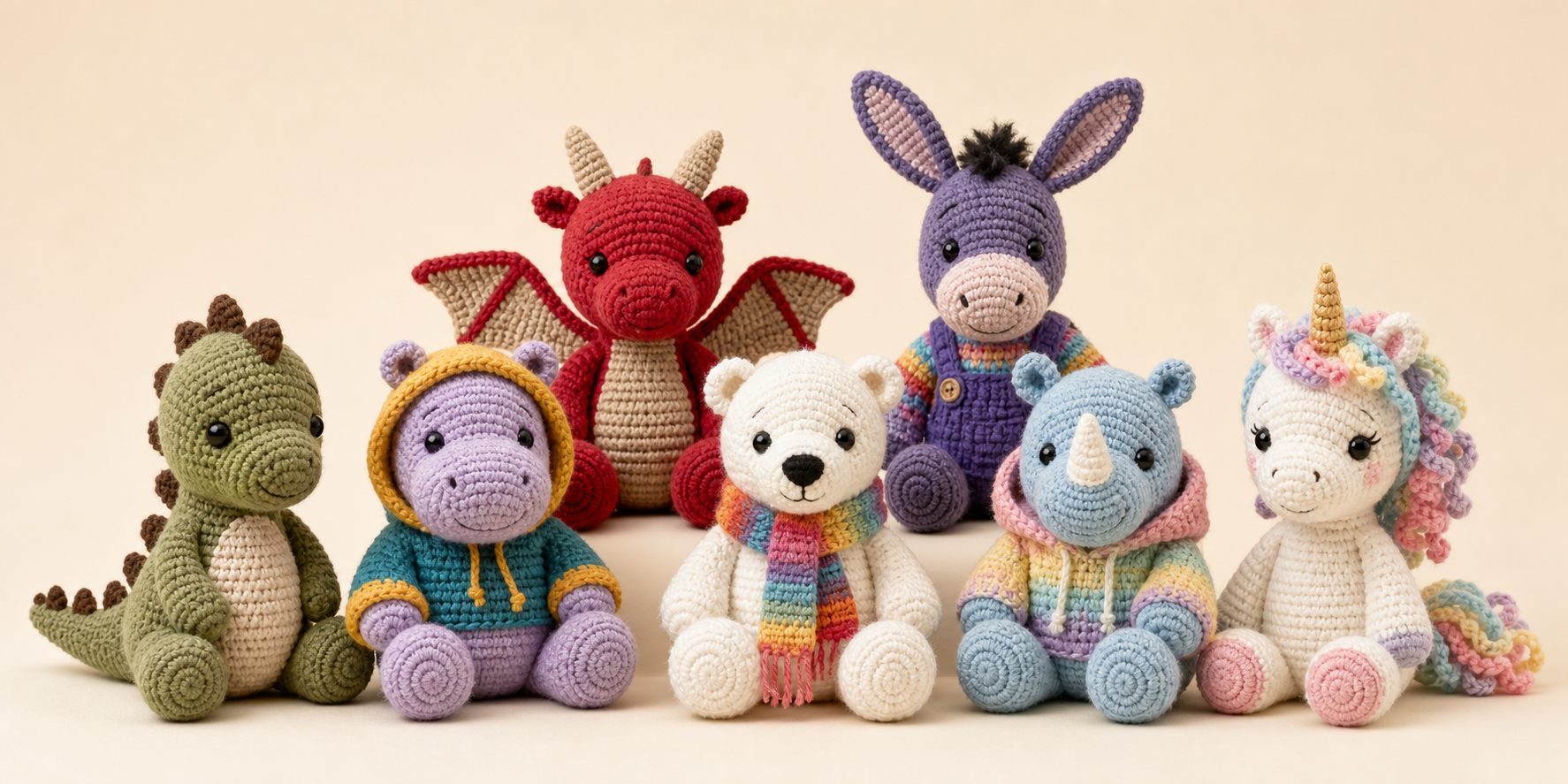 The full snuglix collection: rhino, unicorn, donkey, dragon, polar bear, hippo, and dino, hand-crocheted in organic cotton